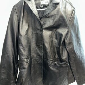 CLIO Leather Jacket Women’s Size L Black Leather Collared Buttons Pockets Lined